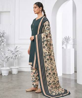 Teal green printed cotton blend stitched floral print salwar kurta dupatta for women 2