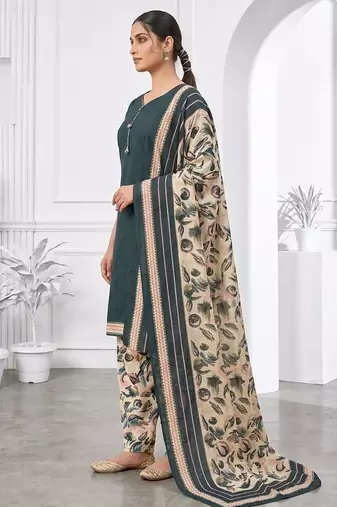 Teal green printed cotton blend stitched floral print salwar kurta dupatta for women
