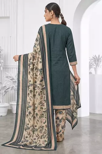 Teal green printed cotton blend stitched floral print salwar kurta dupatta for women