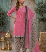 Pink printed cotton blend stitched floral print salwar kurta dupatta for women
