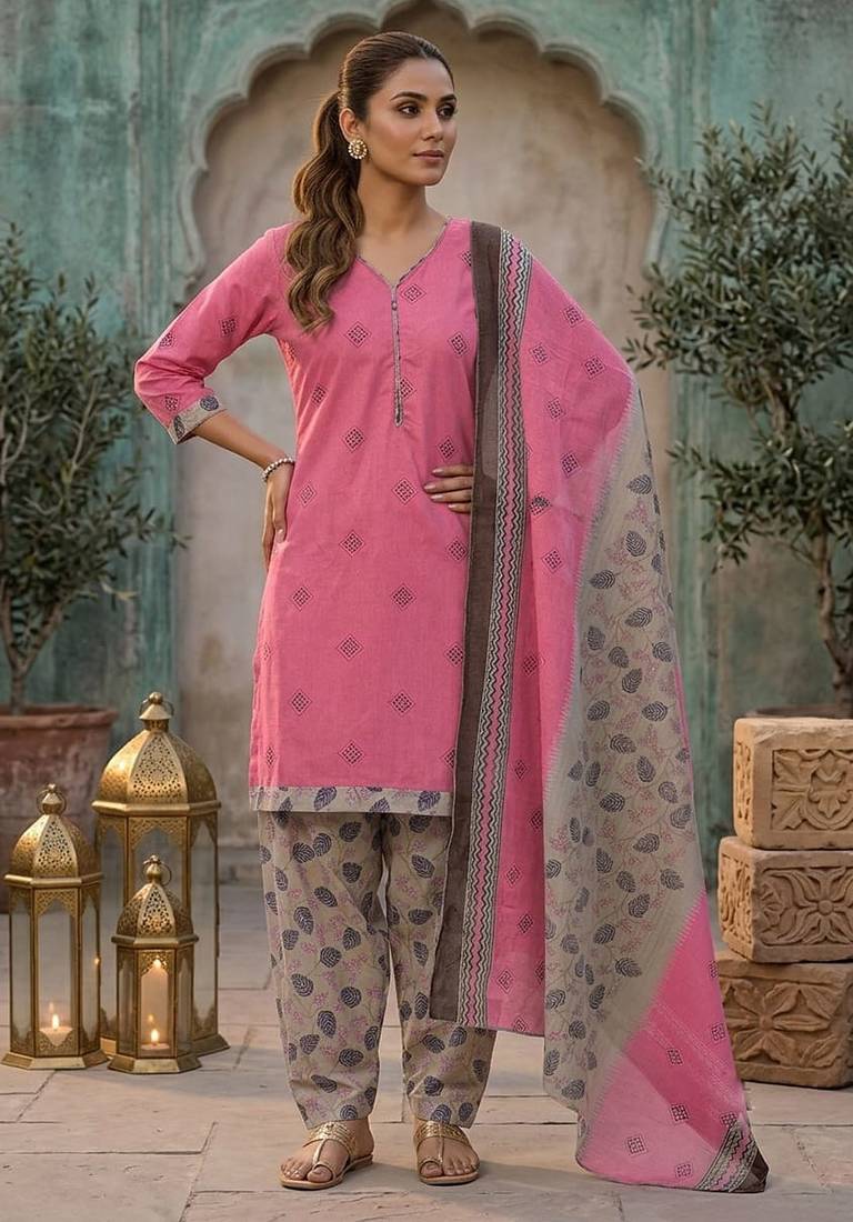 Pink printed cotton blend stitched floral print salwar kurta dupatta for women