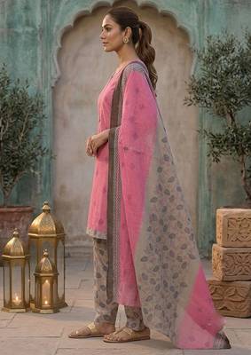 Pink printed cotton blend stitched floral print salwar kurta dupatta for women 2