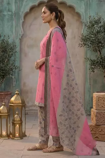 Pink printed cotton blend stitched floral print salwar kurta dupatta for women