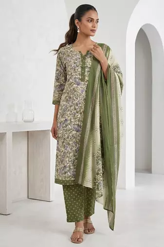 Green printed cotton blend stitched floral print salwar kurta dupatta for women