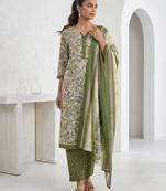 Green printed cotton blend stitched floral print salwar kurta dupatta for women