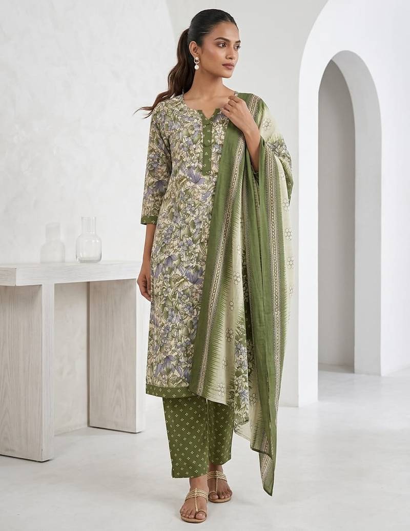 Green printed cotton blend stitched floral print salwar kurta dupatta for women