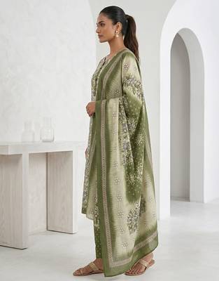 Green printed cotton blend stitched floral print salwar kurta dupatta for women 2