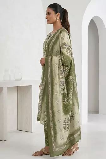 Green printed cotton blend stitched floral print salwar kurta dupatta for women