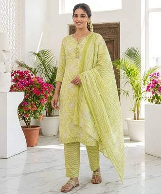 Yellow printed cotton blend stitched floral print salwar kurta dupatta for women 1