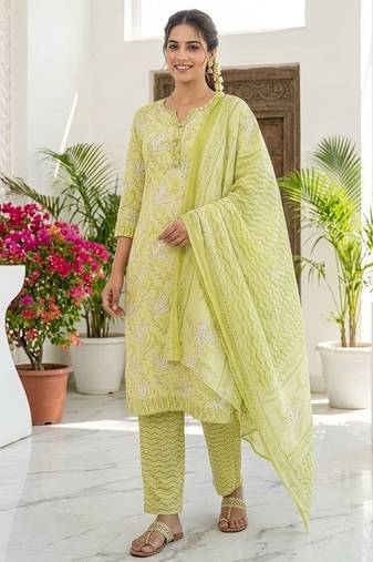 Yellow printed cotton blend stitched floral print salwar kurta dupatta for women