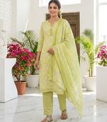 Yellow printed cotton blend stitched floral print salwar kurta dupatta for women