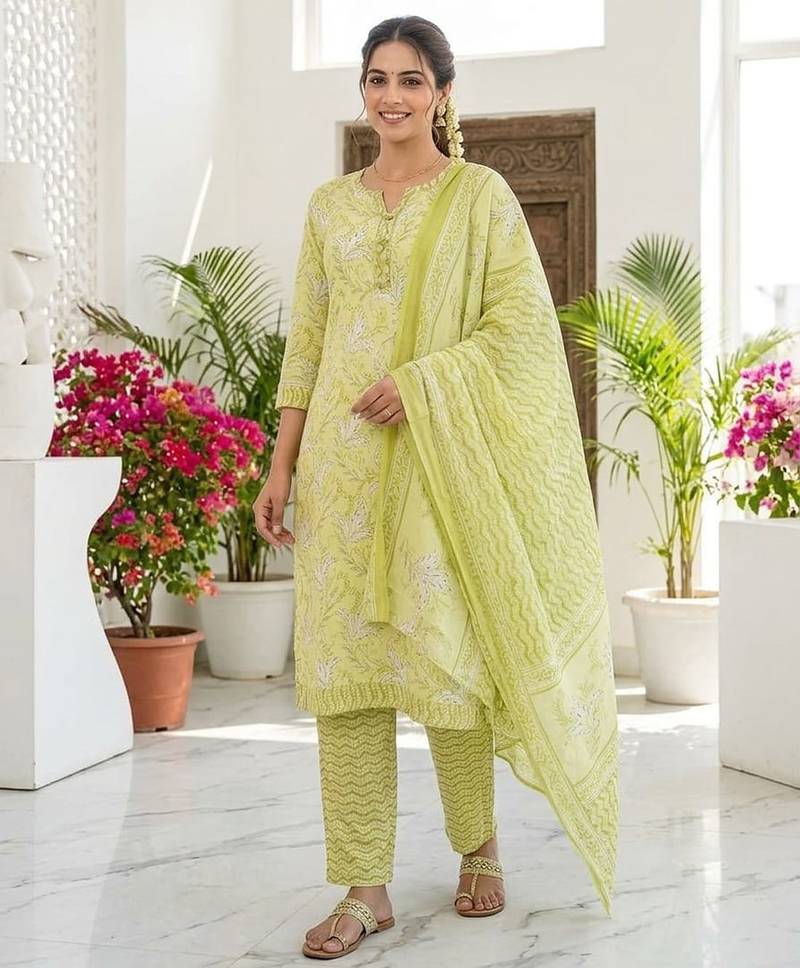 Yellow printed cotton blend stitched floral print salwar kurta dupatta for women