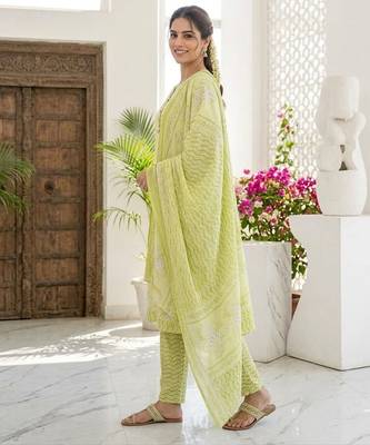 Yellow printed cotton blend stitched floral print salwar kurta dupatta for women 2