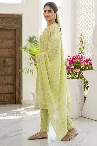 Yellow printed cotton blend stitched floral print salwar kurta dupatta for women