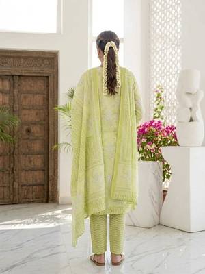 Yellow printed cotton blend stitched floral print salwar kurta dupatta for women 3