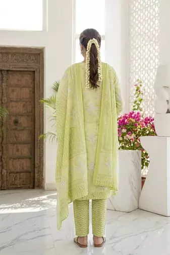 Yellow printed cotton blend stitched floral print salwar kurta dupatta for women