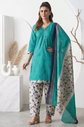 Teal printed cotton blend stitched floral print salwar kurta dupatta for women