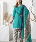 Teal printed cotton blend stitched floral print salwar kurta dupatta for women