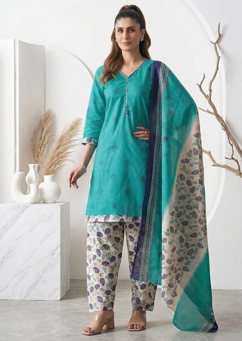Teal printed cotton blend stitched floral print salwar kurta dupatta for women