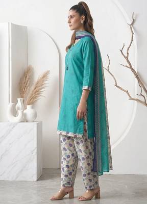 Teal printed cotton blend stitched floral print salwar kurta dupatta for women 2