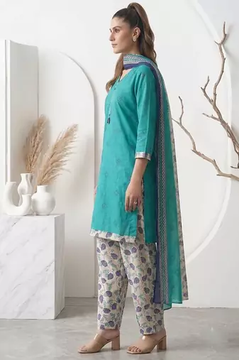 Teal printed cotton blend stitched floral print salwar kurta dupatta for women
