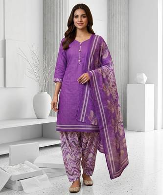 Purple printed cotton blend stitched geometric print salwar kurta dupatta for women 1
