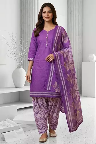 Purple printed cotton blend stitched geometric print salwar kurta dupatta for women