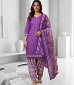 Purple printed cotton blend stitched geometric print salwar kurta dupatta for women