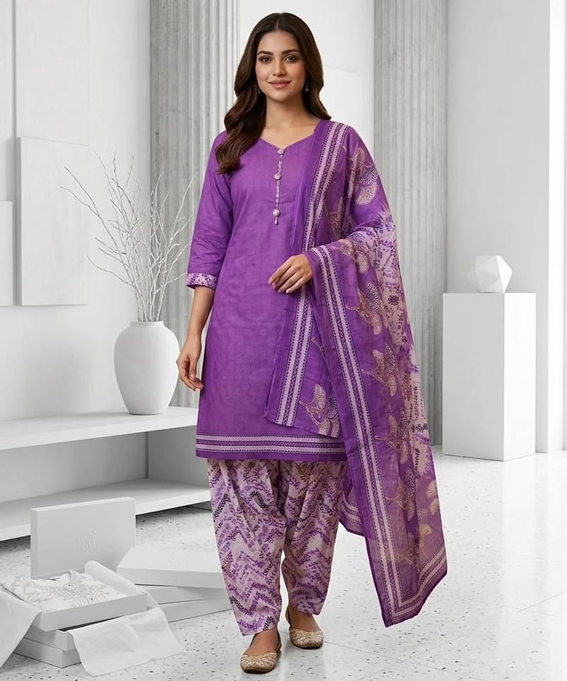 Purple printed cotton blend stitched geometric print salwar kurta dupatta for women