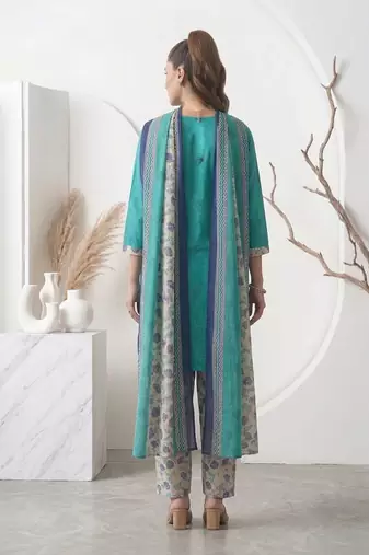 Teal printed cotton blend stitched floral print salwar kurta dupatta for women