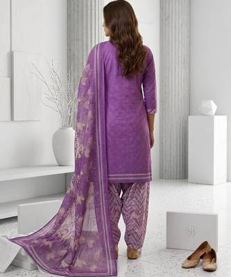 Purple printed cotton blend stitched geometric print salwar kurta dupatta for women 2