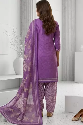Purple printed cotton blend stitched geometric print salwar kurta dupatta for women