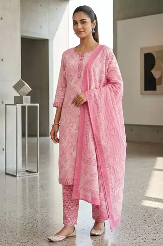 Pink printed cotton blend stitched floral print salwar kurta dupatta for women
