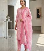 Pink printed cotton blend stitched floral print salwar kurta dupatta for women