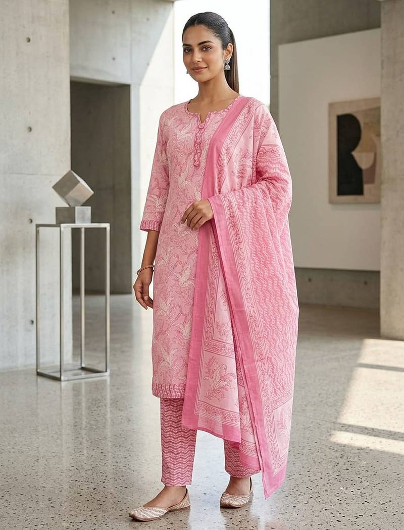 Pink printed cotton blend stitched floral print salwar kurta dupatta for women