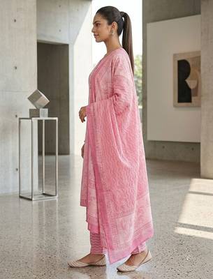 Pink printed cotton blend stitched floral print salwar kurta dupatta for women 2
