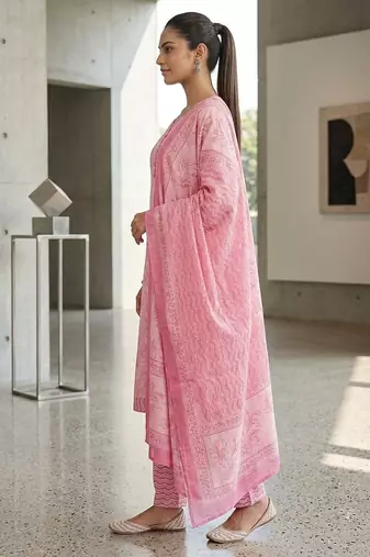 Pink printed cotton blend stitched floral print salwar kurta dupatta for women