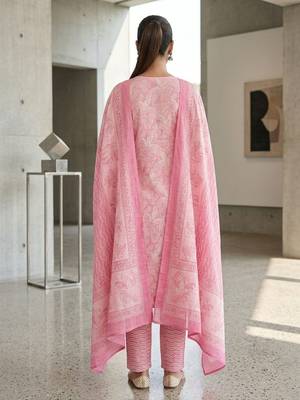 Pink printed cotton blend stitched floral print salwar kurta dupatta for women 3