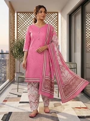 Pink printed cotton blend stitched geometric print salwar kurta dupatta for women 1