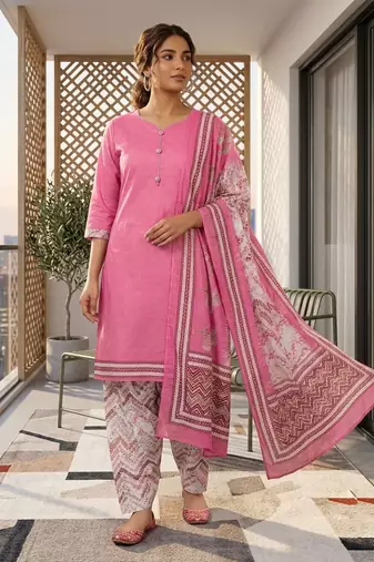 Pink printed cotton blend stitched geometric print salwar kurta dupatta for women