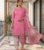 Pink printed cotton blend stitched geometric print salwar kurta dupatta for women