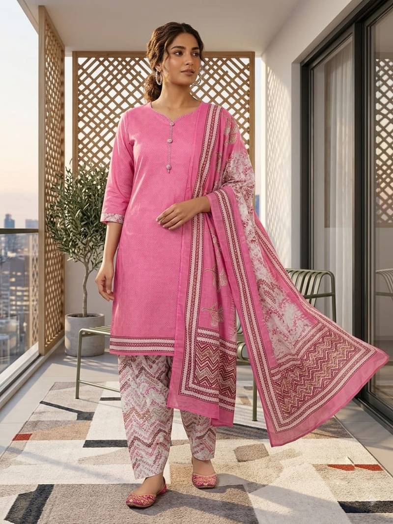 Pink printed cotton blend stitched geometric print salwar kurta dupatta for women