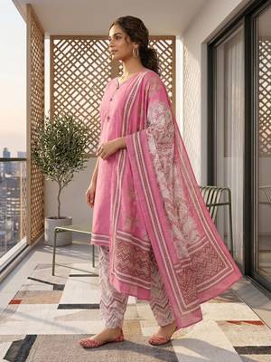Pink printed cotton blend stitched geometric print salwar kurta dupatta for women 2