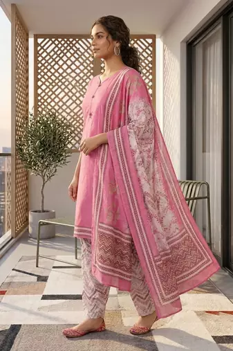 Pink printed cotton blend stitched geometric print salwar kurta dupatta for women