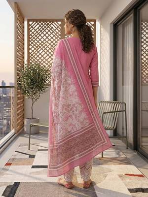 Pink printed cotton blend stitched geometric print salwar kurta dupatta for women 3