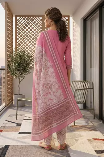 Pink printed cotton blend stitched geometric print salwar kurta dupatta for women