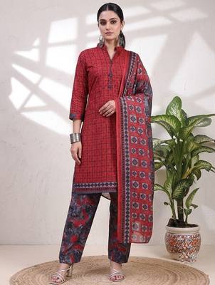 Red printed cotton blend stitched geometric print salwar kurta dupatta for women 1