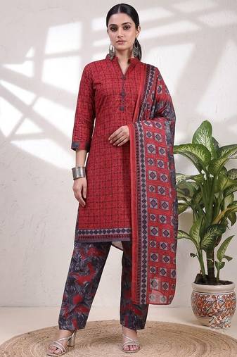 Red printed cotton blend stitched geometric print salwar kurta dupatta for women