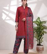 Red printed cotton blend stitched geometric print salwar kurta dupatta for women