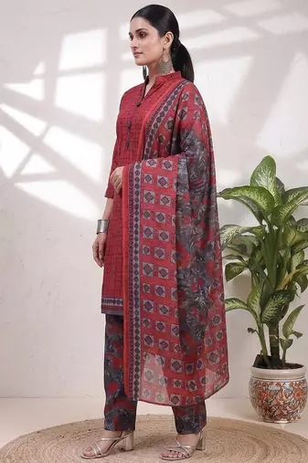 Red printed cotton blend stitched geometric print salwar kurta dupatta for women